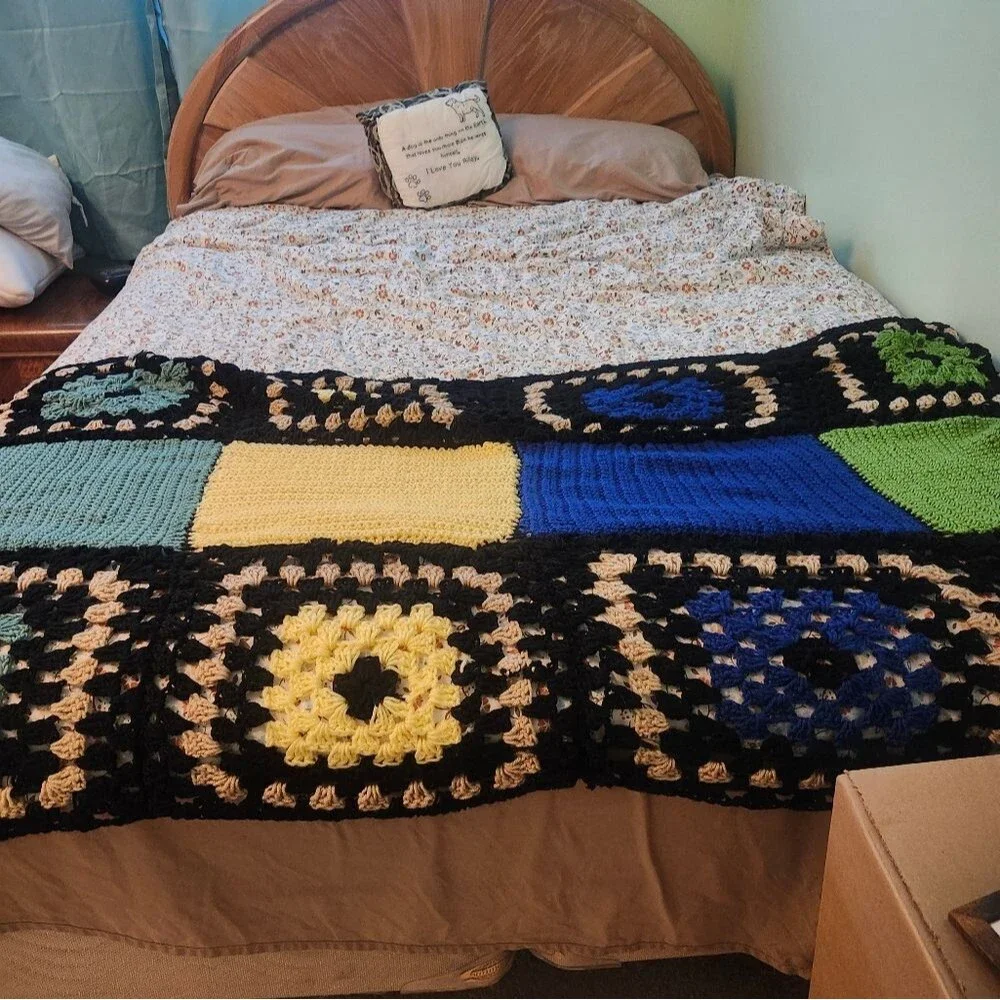 Hand Crafted Crochet Blanket Afghan Granny Square Twin X Long Multi color 72x32